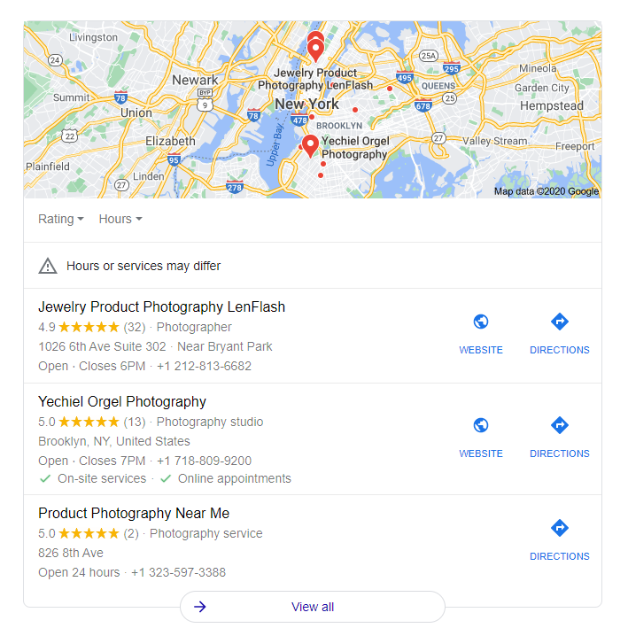 Google Search on Product Photography in NYC